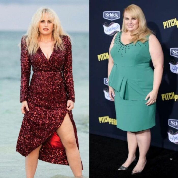 Imagen de comparación de la imagen de antes y después de la actriz Rebel Wilson