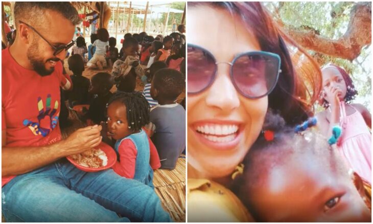 pareja ayudando a los niños;  Pareja dona dinero de la recepción de su boda a una escuela en África