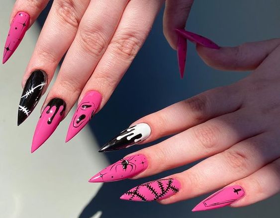 blanco, negro y rosa ;15 Manicuras rosas que tu bruja interior aprobaría