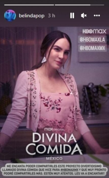 captura de pantalla de Belinda anunciando su próximo estreno de Divina Comida