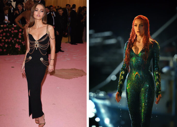 Imagen comparativa de Lily Rose Depp con Amber Heard en su papel de Mera en Aquaman
