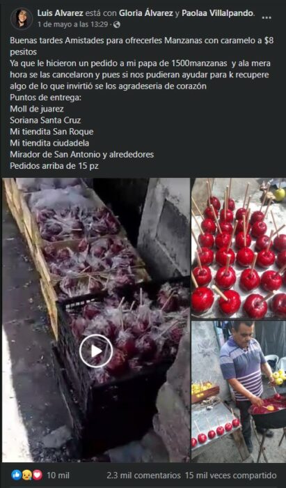 Captura de pantalla de una publicación en Facebook de unas manzanas acarameladas 