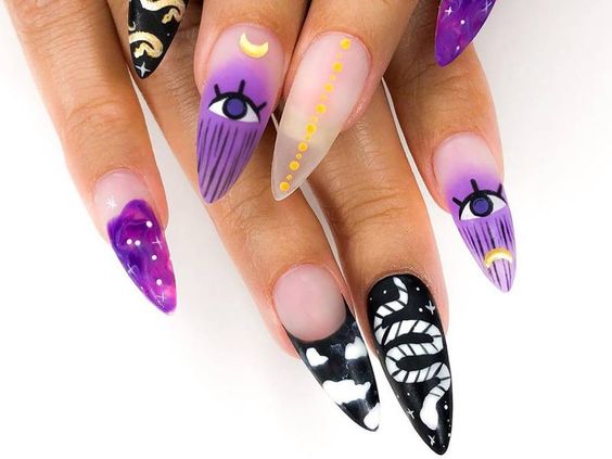 manicura en contrastes morados; Manicuras para abrir tu tercer ojo de bruja y alejar las malas vibras