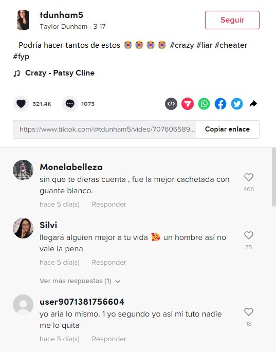 Captura de comentarios de TikTok del video de Taylor Dunham