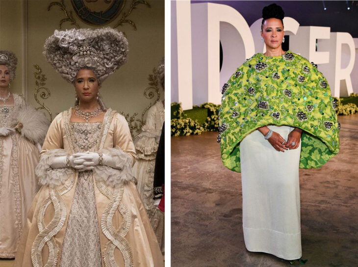 Imagen comparativa de la actriz Golda Rosheuvel en su personaje de la reina Carlota en Los Bridgerton