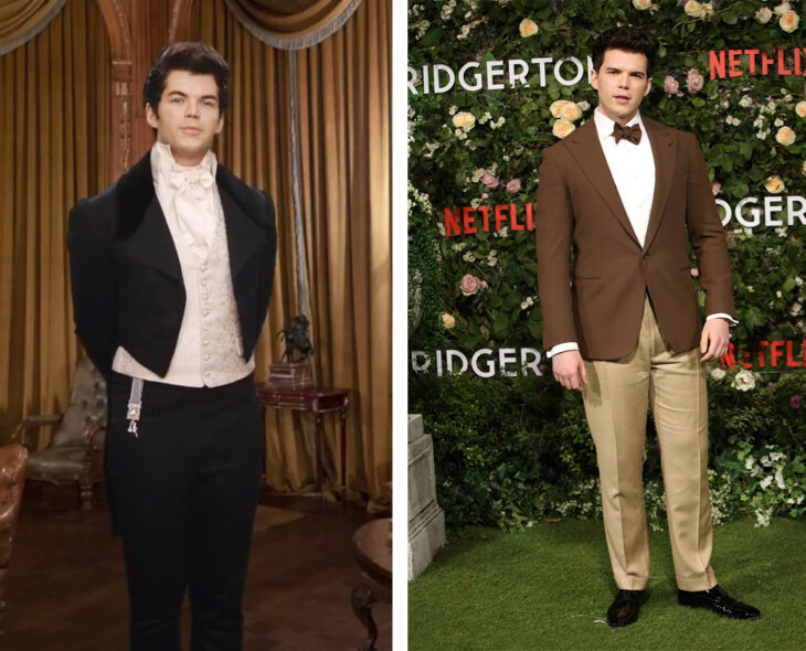Imagen comparativa de Luke Newton en su personaje de Colin Bridgerton en la serie de Los Bridgerton