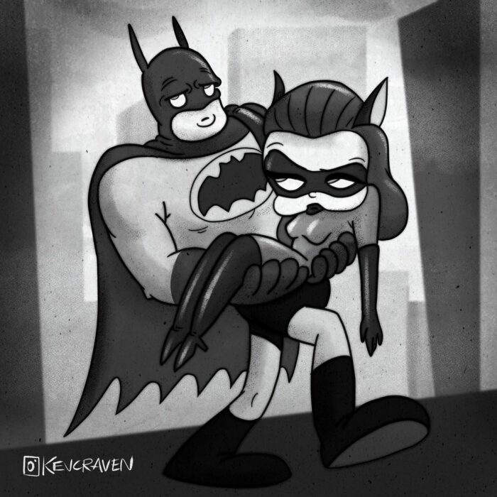 Batman y Gatubela dibujados al estilo de 1930