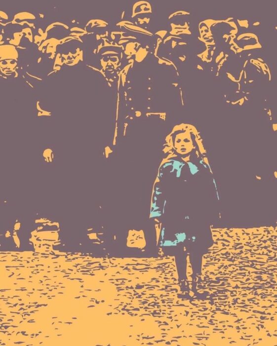 Imagen estilizada con los colores de la bandera de Ucrania de la Escena de La lista de Schindler