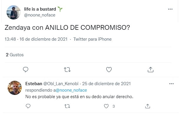 Captura de tuit sobre anillo de Zendaya