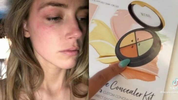 Amber Heard con moretones junto a una foto de un kit de correctores de Milani Cosmetics
