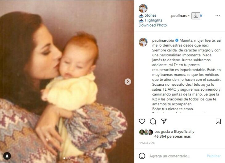 Captura de pantalla de la publicación de Paulina Rubio a su madre diagnosticada con cáncer