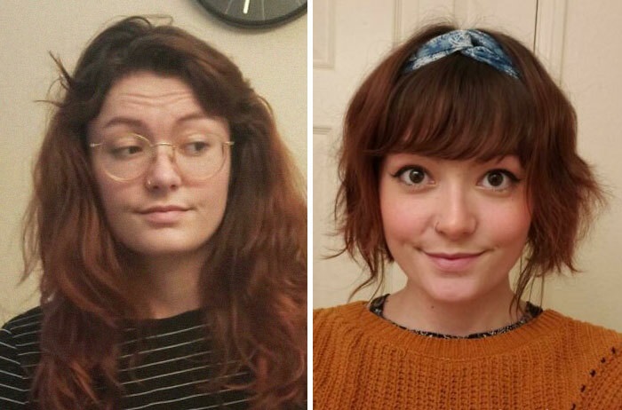 Chica antes y después de cortar su cabello con flequillo; mostrando su melena pelirroja