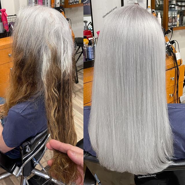 Mujer de espaldas mostrando su cabello al teñirlo de plata; Convierte cabello con canas en hermosas melenas plateadas