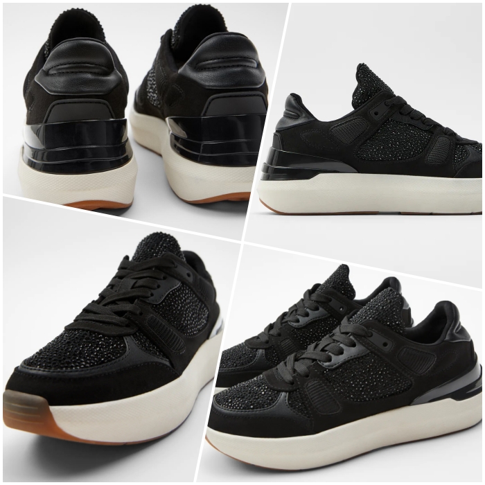 tenis color negro con cuentas y brillos, plataforma blanca con detalles en color beige
