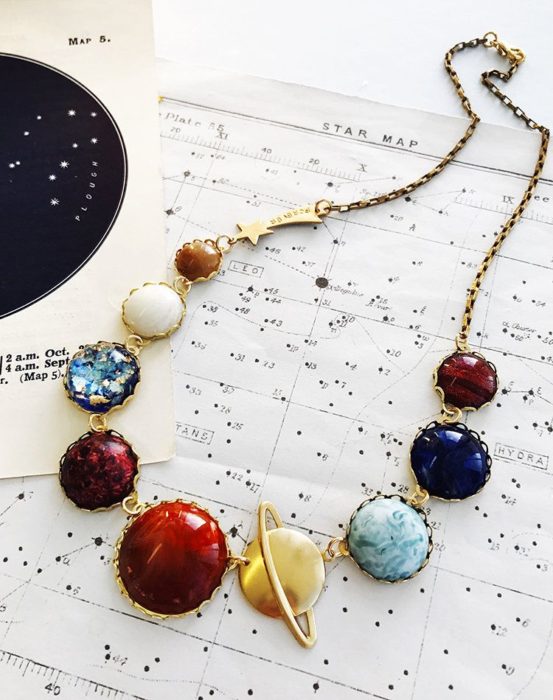 Collar inspirado en el universo con dijes que representan al sistema solar y con cadena dorada
