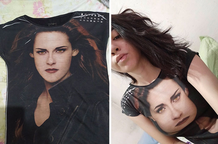 Blusa con estampado de Bella de Twilight con deformación al momento de ponérsela