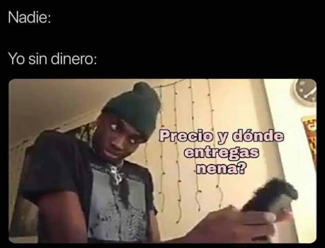 Meme chico preguntando por el precio de un artículo con su celular