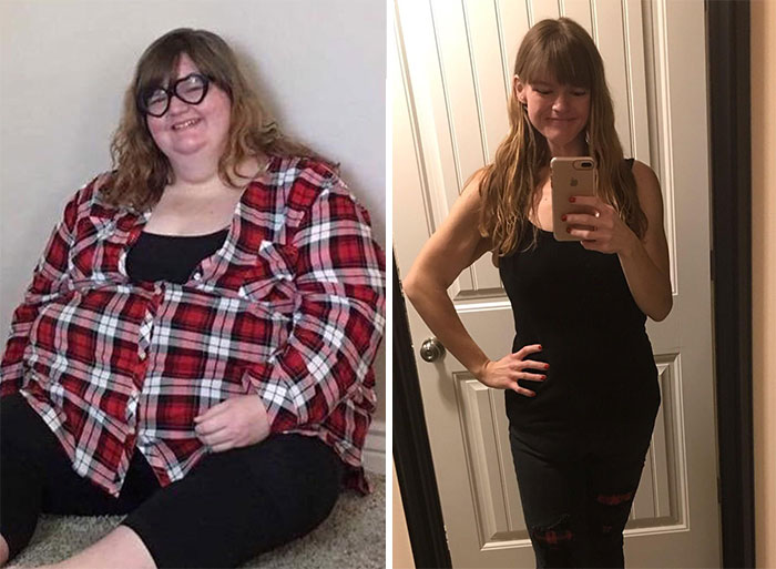 Chica mostrando el antes y después de su pérdida de peso