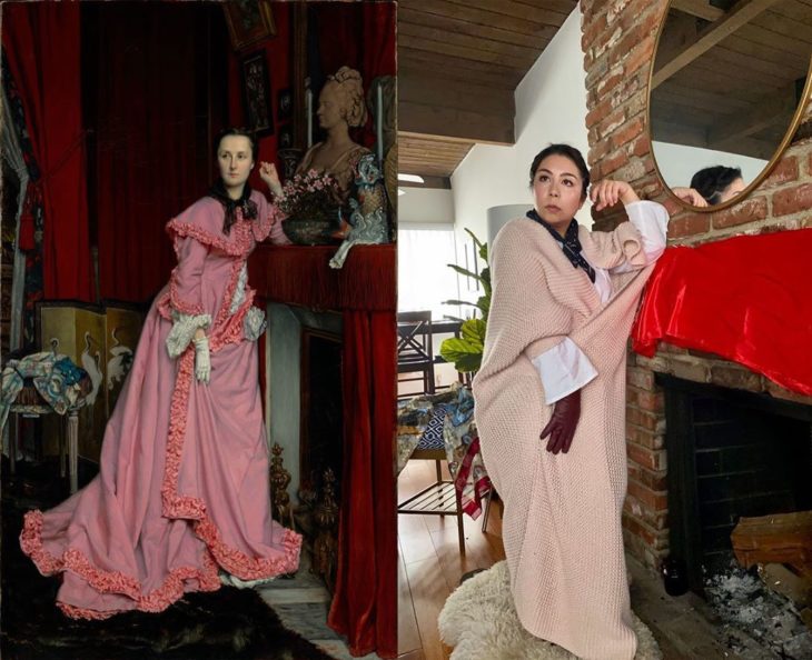 Mujer imitando una pintura con cosas que tiene en casa