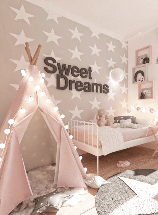 Decoración de cuarto en tonos rosados con gris