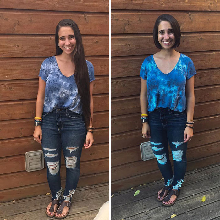 Chica con jeans, apoyada en una pared, antes y después de cortar su cabello en la peluquería