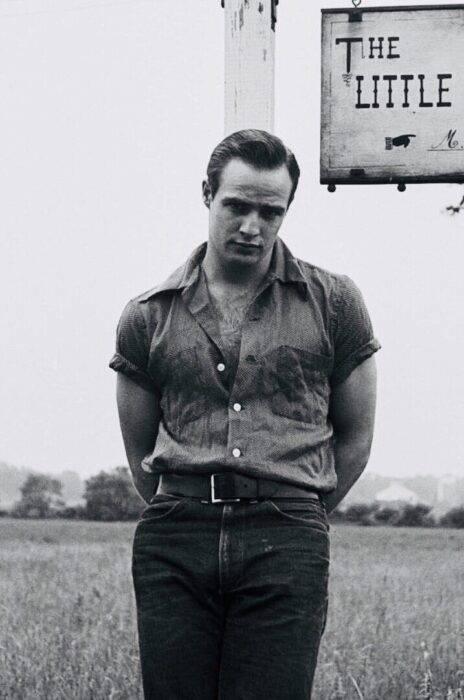Marlon Brando recargado en una cerca de madera