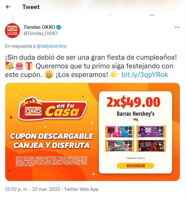 Captura de pantalla de un tuit en el que la tienda oxxo le regalo un cupón a un niño 