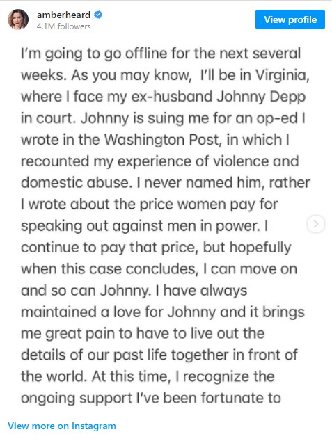 Captura de pantalla de una publicación de Amber Heard en su Instagram