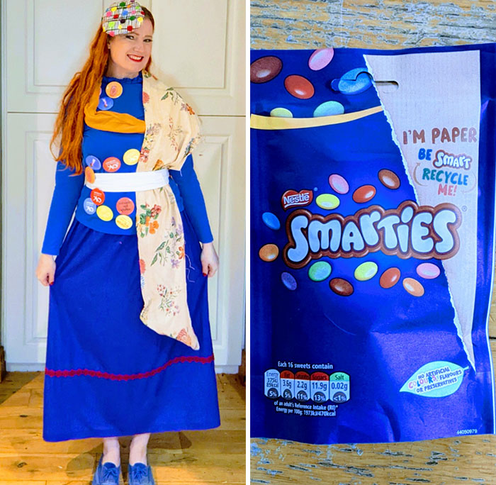 mujer vestida de un paquete de smatties