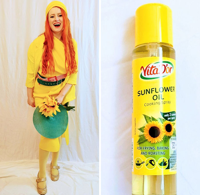 mujer vestida de una botella de aceite de girasol 
