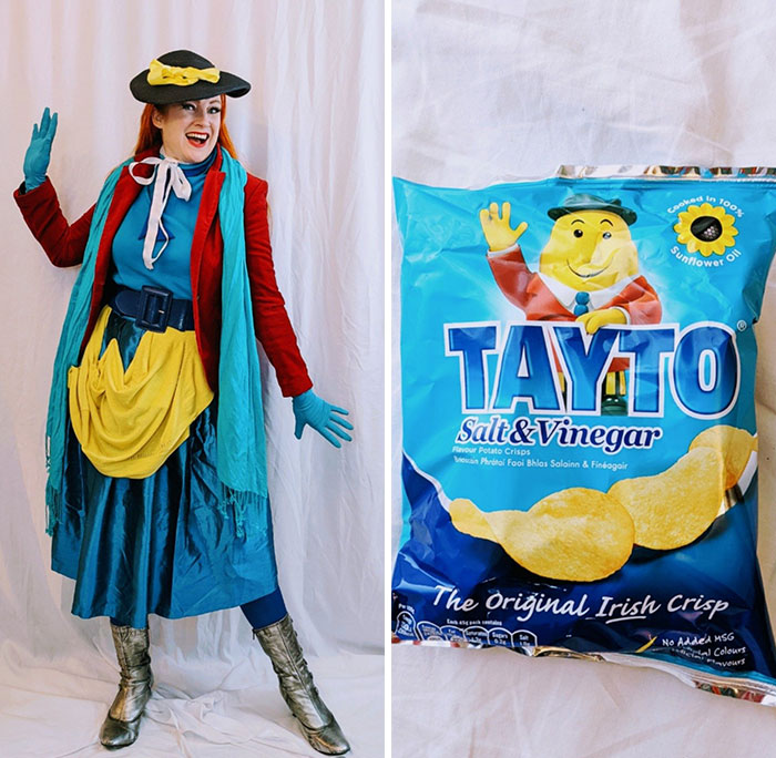 mujer vestida de papas fritas sabor sal y vinagre 