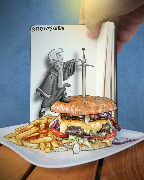 dibujo del rey Arturo sacando la espada de una hamburguesa