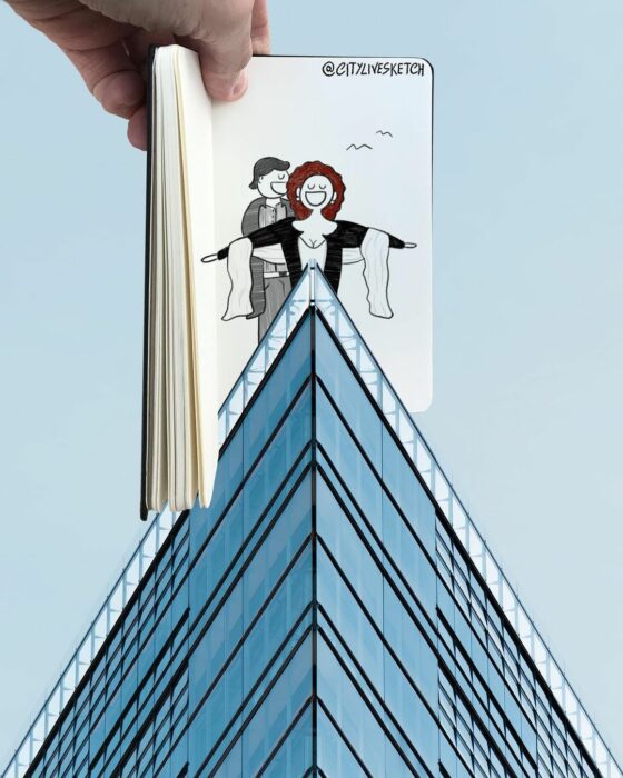 Dibujo de Jack y Rose del titanic sobre una imagen en Berlín