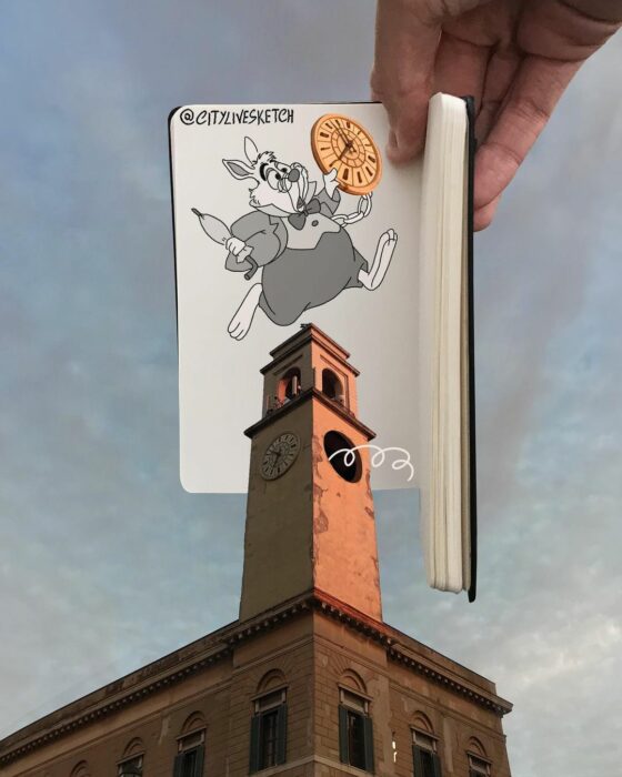 Dibujo del conejo blanco de Alicia en el país de las maravillas en una torre