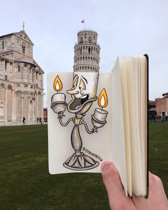 dibujo del personaje Lumiere en la torre inclinada de pisa