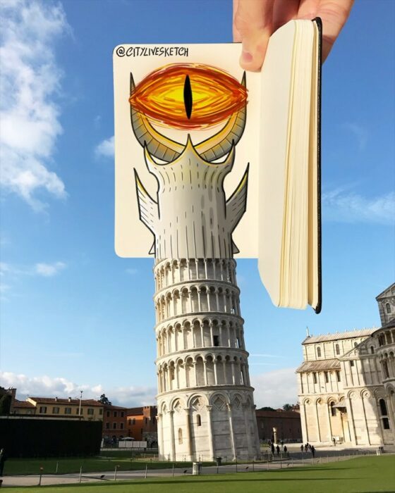 dibujo del ojo de Sauron sobre la torre de pisa