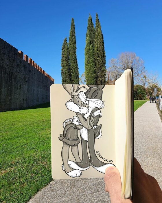 Buggs y Lola Bunny con orejas de arboles