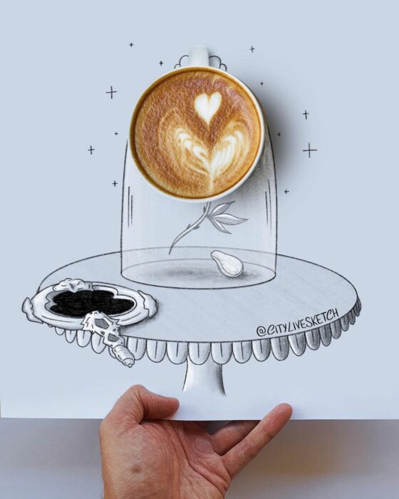 imagen de la rosa de la bella y la bestia formada con un café