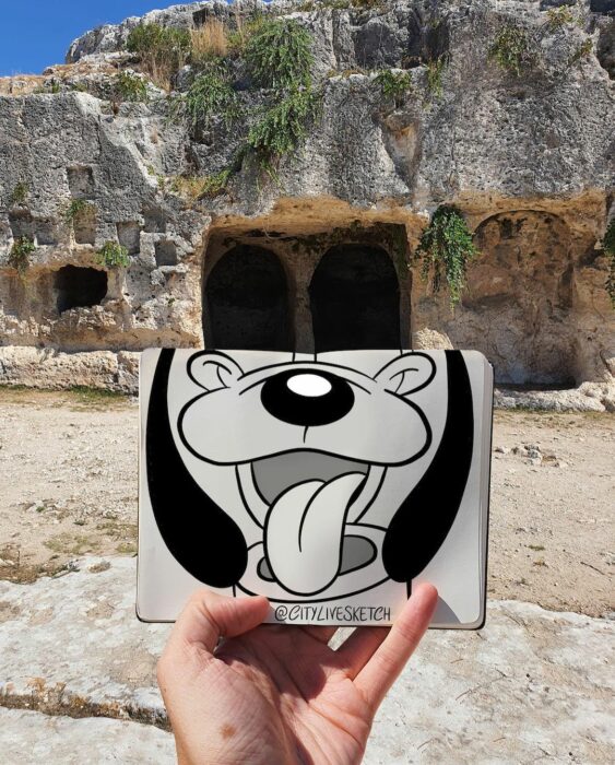 Dibujo de Pluto sobre el Parque Arqueológico de Neapolis