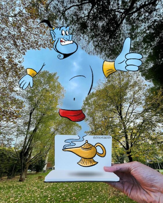 Dibujo del genio de Aladdin sobre una imagen de árboles