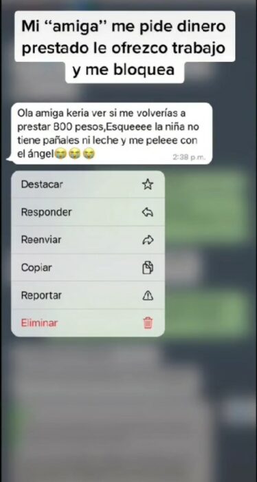 captura de pantalla de una conversación de Whats donde una chica le pide prestado a una amiga