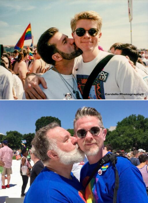 fotografía de una pareja en un festival, en la misma pose 25 años después