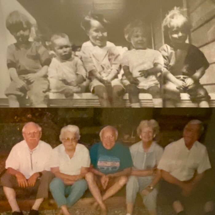 fotografía recreada de varios amigos de bebés comparada 65 años después