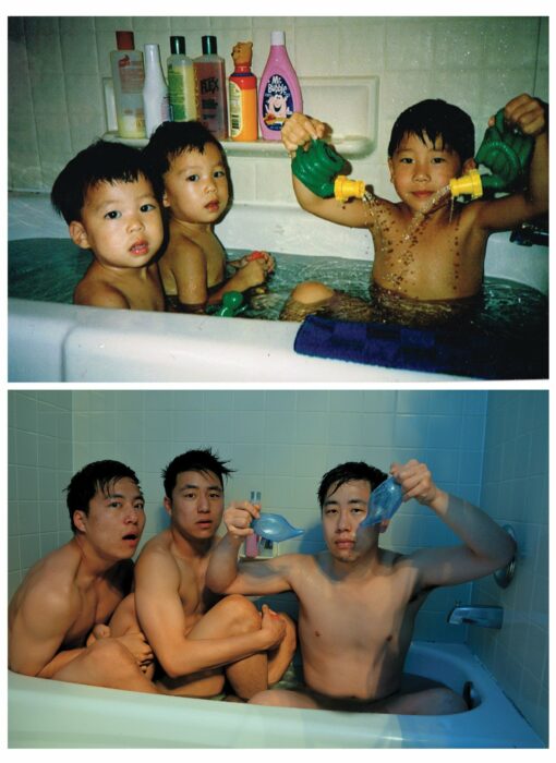 fotografía de unos niños en una bañera, junto a la imagen de unos chicos recreándola 20 años después
