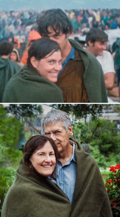 fotografía comparativa de una pareja 48 horas después de haberse conocido y 50 años después en la misma pose