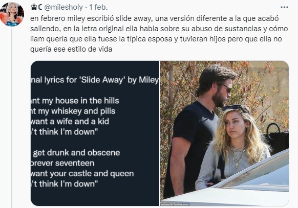 Hilo de Twitter que muestra la relación de Miley y Liam