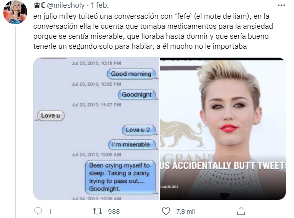 Hilo de Twitter que muestra la relación de Miley y Liam