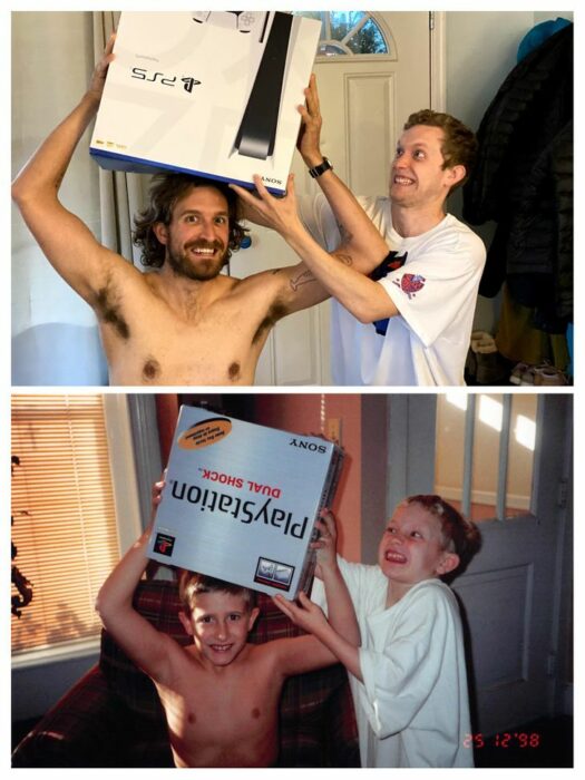 hermanos jugando con una caja; Fotos antes y ahora que nos traen el aroma de la nostalgia