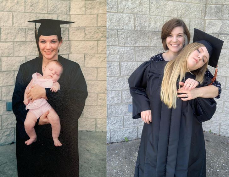 cargando a bebé en graduación; Fotos antes y ahora que nos traen el aroma de la nostalgia