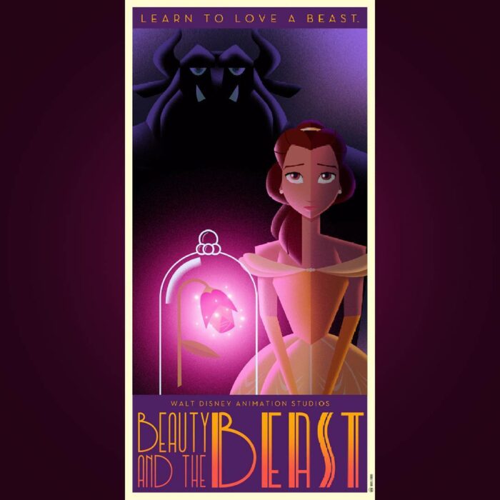 póster de la película la bella y la bestia en versión Art Déco